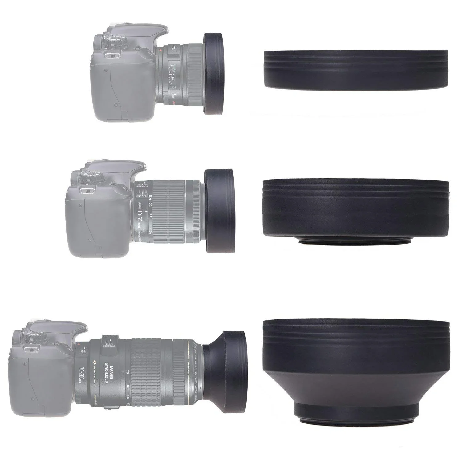 3 in 1 Stage 3-Stage Rubber Collapsible Lens Hood 49 52 55 58 62 67 72 77 82mm for Canon Nikon Sony Pentax Olympus DSLR Camera