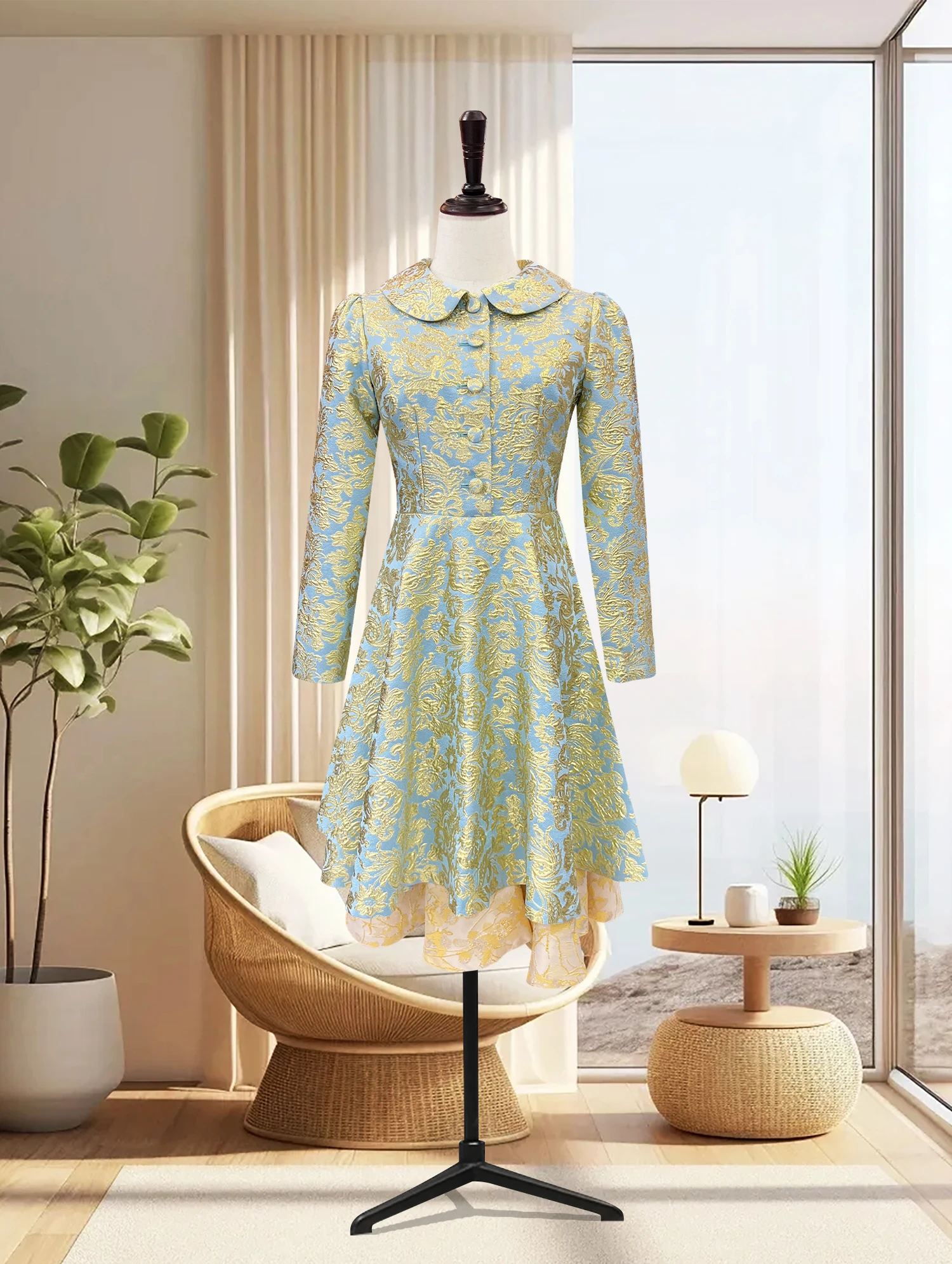 Abito jacquard con risvolto in stile cinese, nuovo abito da sera a trapezio cinccato in vita a maniche lunghe da donna