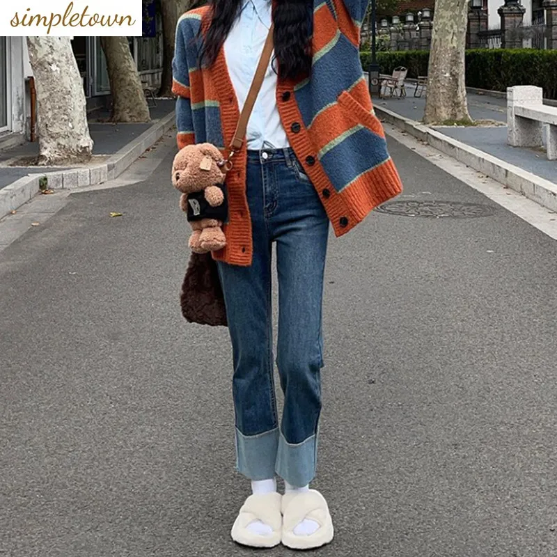 

Large size high waisted straight leg jeans for women's autumn and winter 2024 new patchwork color contrast slim smoke pipe pants