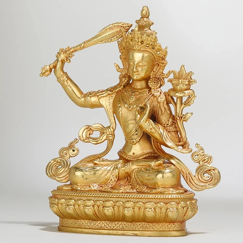 

10cm Gold Pure Copper Manjushri Guanyin Exquisite Carving Buddhist Retro Carving Tranic Temple Decorate Bodhisattva Figurine