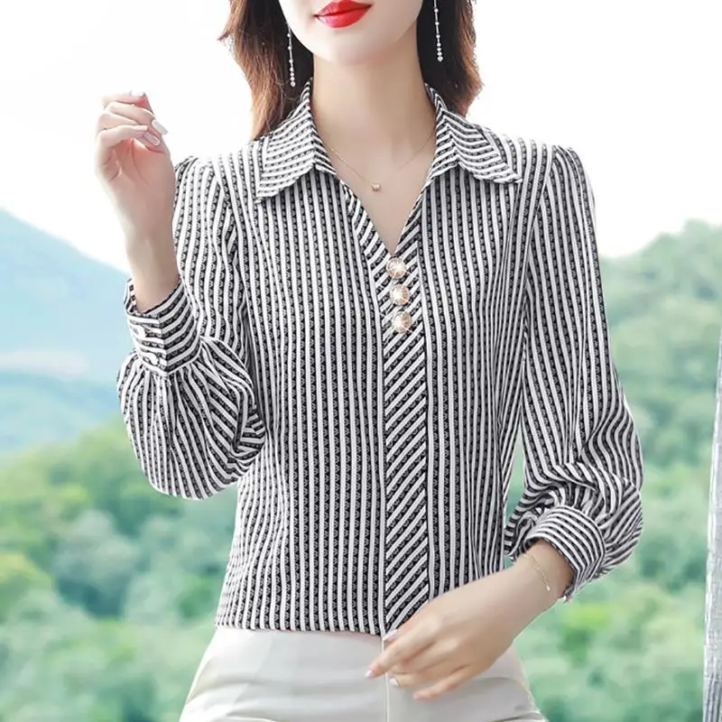 Women\'s Striped Polo Collar Long Sleeve Chiffon Shirts, Loose Temperament Top, Simplicity, Office Lady Clothes, Autumn Fashion