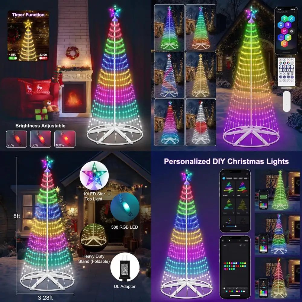 شجرة مخروطية لعيد الميلاد في الهواء الطلق مقاومة للماء مع 265 مصباح LED، أضواء خرافية ذكية لتأثير وميض مزامنة الموسيقى #1