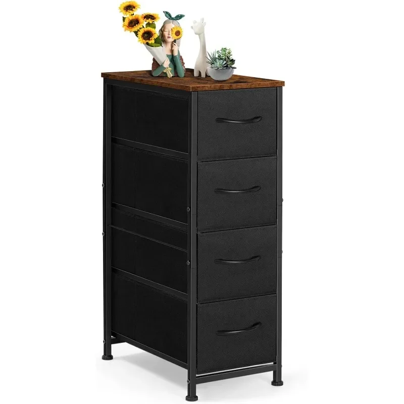 Narrow Dresser with 4 Drawers, Storage Cabinet, Slim Fabric Tower with Wheels, Wood Shelf