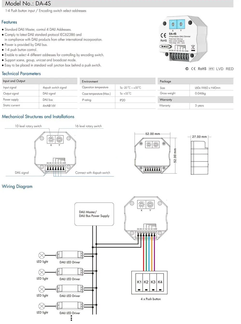 Skydance DA-4S DALI Switch 4 Push Button Dimmer Work With DALI Master/ Bus Power Supply