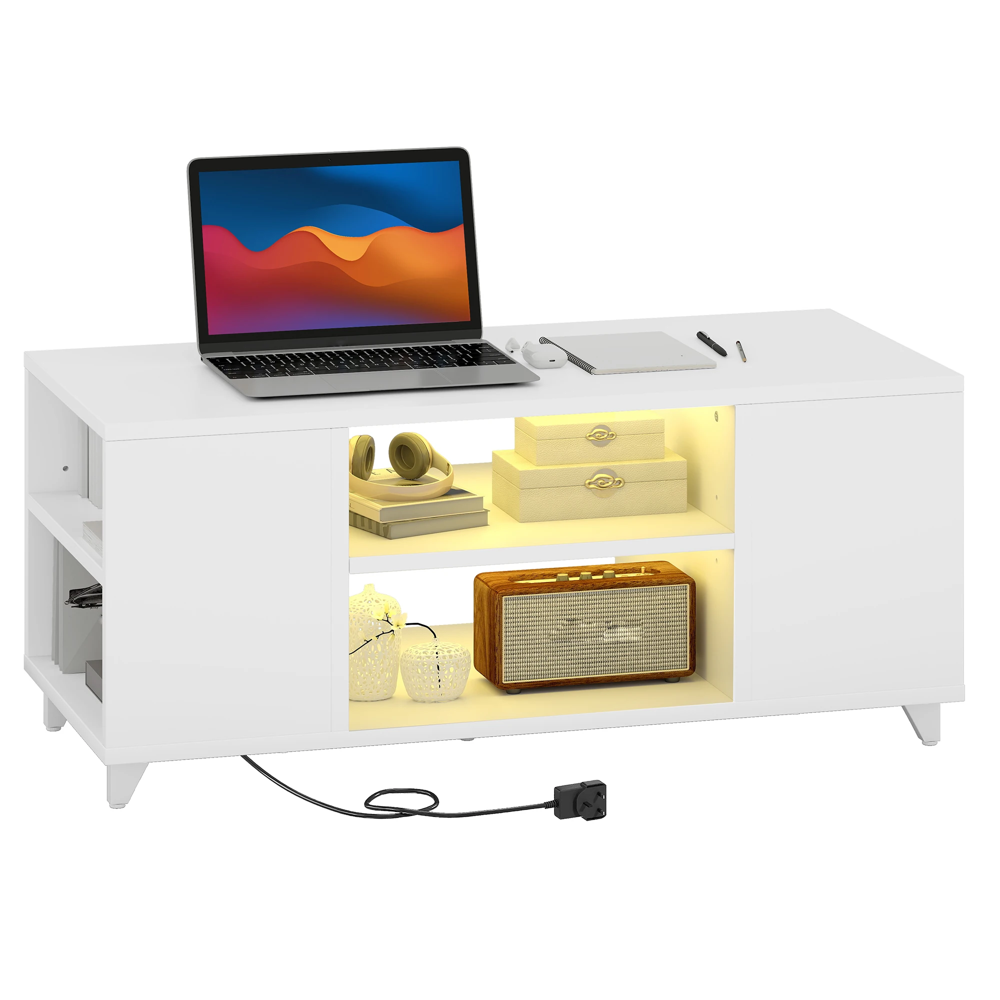 YITAHOME White High Gloss Coffee Table – RGB LED Lights & Adjustable Shelf, 97.5x48x45cm for Living Room/Office