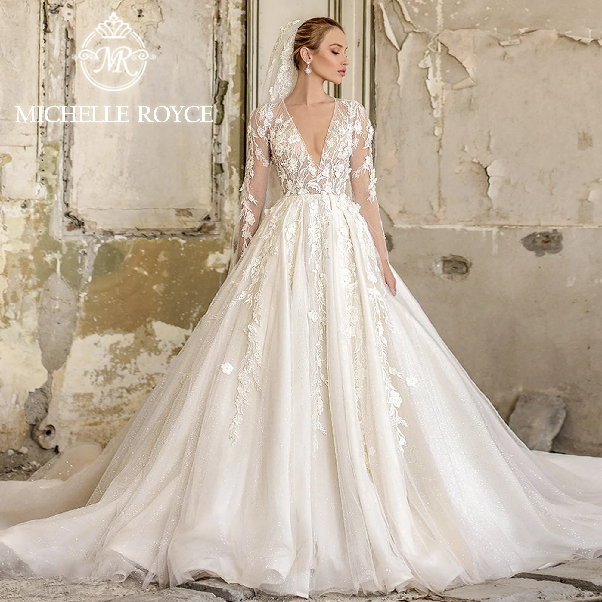 

Michelle Royce Ball Gown Wedding Dress 2024 V-Neck Appliques Semi-Transparent Lace Beading Royal Wedding Gown Vestidos De Novia