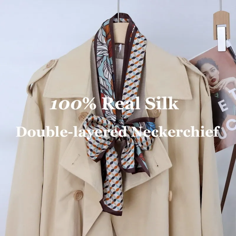 

Luxury Print Neckerchief Silk Scarf Double Layer Narrow Hairband 100% Real Silk Neck Hair Wrap Scarf for Women Designer Foulard