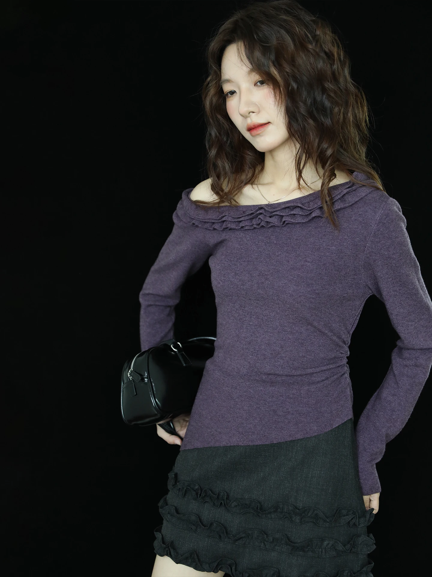 

Мягкий фиолетовый вязаный свитер с кружевной отделкой, модный топ с 3D цветочным узором для ранней осени, женская повседневная одежда