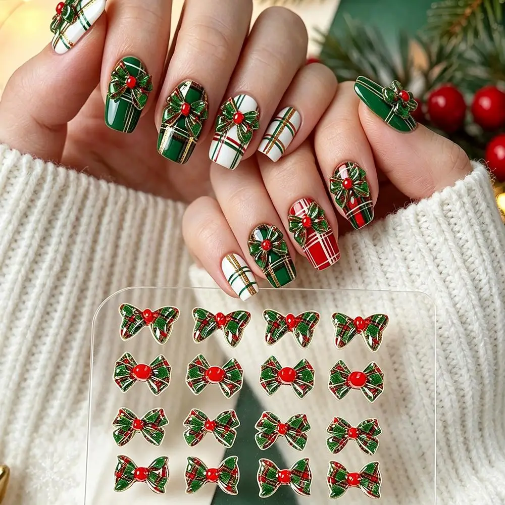 50Pcs Xmas Red Green Checkered Bow Nail Charms 3D Christmas Plaid Bowknot Resin Nails Decorations DIY Holiday Manicure Supplies