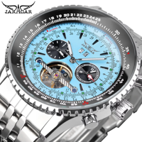 Jaragar Men's Automatic Mechanical Watch Fashion Tourbillon Blue Dial Date Display Stainless Steel Strap Military Sport Watches