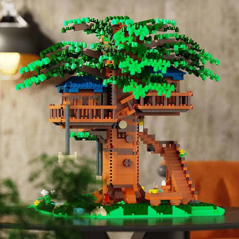 Arquitectura creativa, paisaje al aire libre, casa en el árbol de la jungla, Micro bloque de diamante, casa en el árbol, construcción de ladrillos, juguete para regalo