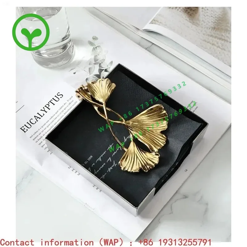 Ins European Stainless Steel Tissue Box Brass Ginkgo Leaf Decor Hotel Table Napkin Holder Afternoon Desktop Tissue Organizer