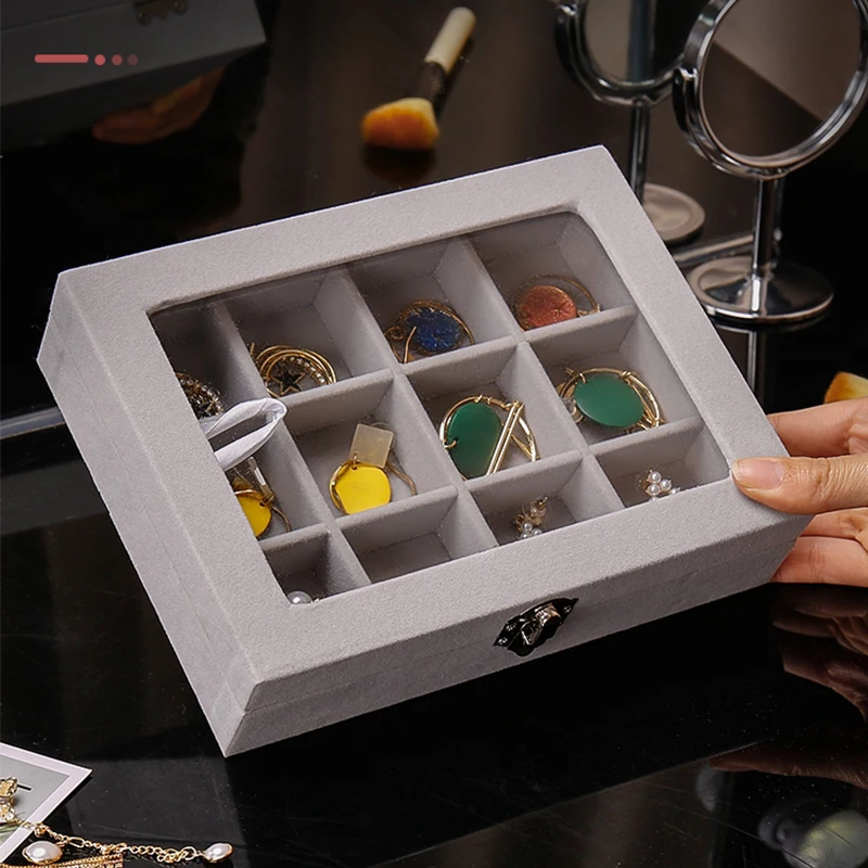 Caja organizadora de terciopelo para exhibición de Joyas, soporte de bandeja a prueba de polvo, estuche de almacenamiento para anillos y pendientes