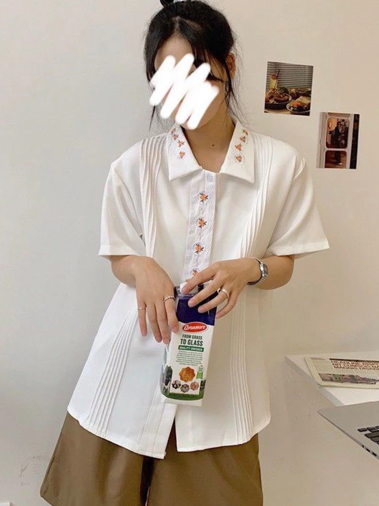 Zoki Vintage Print Sweet White Shirt Japan Loose Embroidery Blouse Summer Elegant Short Sleeve Preppy Style Female Casual Tops