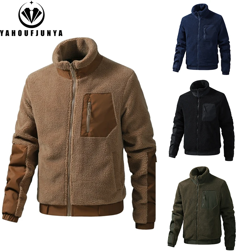 

2025 осень зима мужская уличная ветрозащитная куртка с воротником-стойкой мужская флисовая теплая однотонная свободная повседневная модная куртка пальто мужское