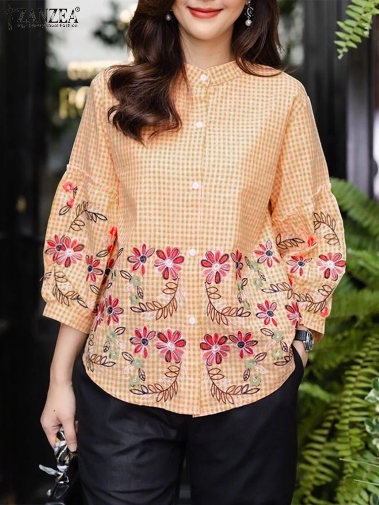 เสื้อเชิ้ตแฟชั่นลายสก็อต ZANZEA เสื้อผู้หญิงแขนทรงโคมพิมพ์ลายดอกไม้ เสื้อผ้าสไตล์วินเทจลำลองสำหรับฤดูใบไม้ร่วงปี 2025 เสื้อคอตั้งสำหรับใส่ทำงาน