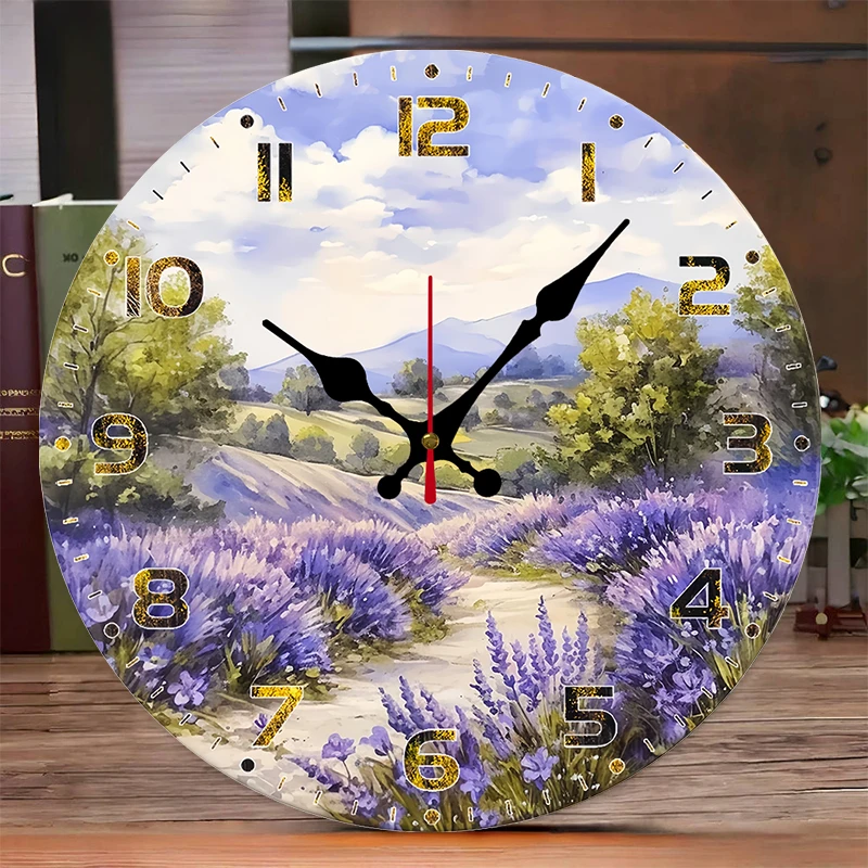 Lavender Field Wooden Round Silent Hanging Wall Clock, Suitable For Living Room, Office, Study Room, Bedroom, Home Decoration