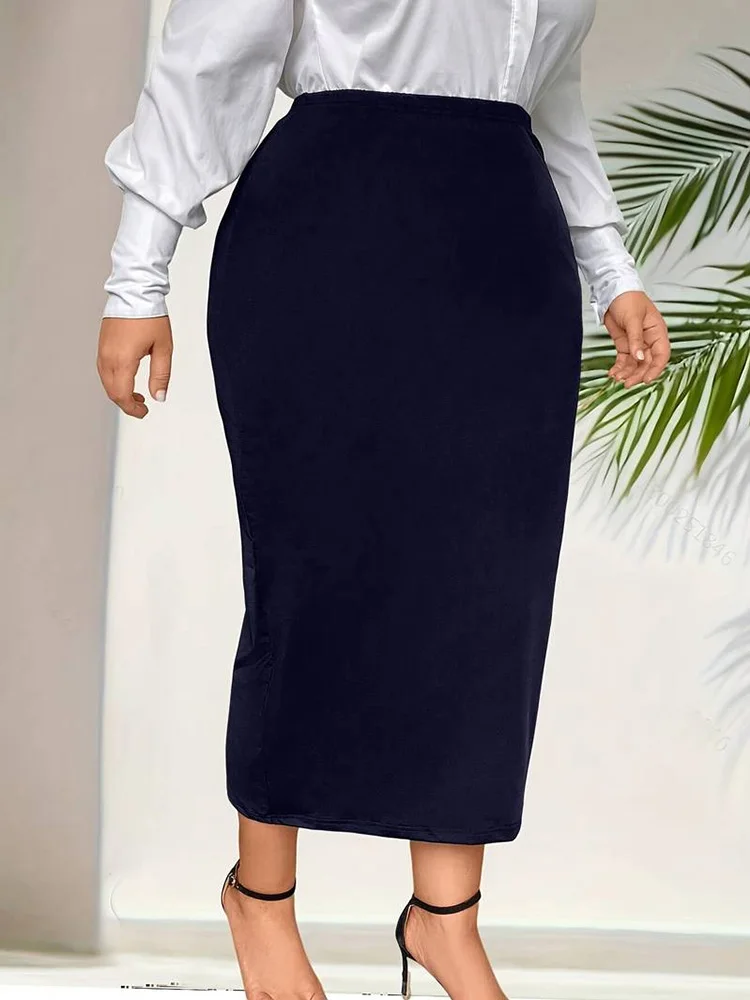 GIBSIE Plus Size Odzież damska Spódnica w jednolitym kolorze Jesień Nowe Eleganckie Biuro Panie Wysoka talia Dzielone Bodycon Długie spódnice