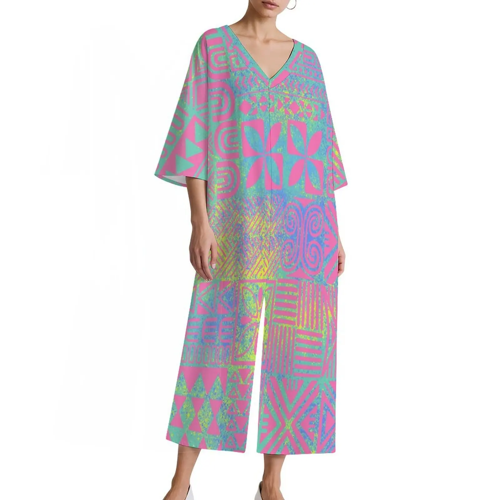 사모아 폴리네시아 부족 디자인 우아한 바지 공장 도매 맞춤 루즈핏 통기성 좋은 여성용 하이웨이스트 원피스 팬츠