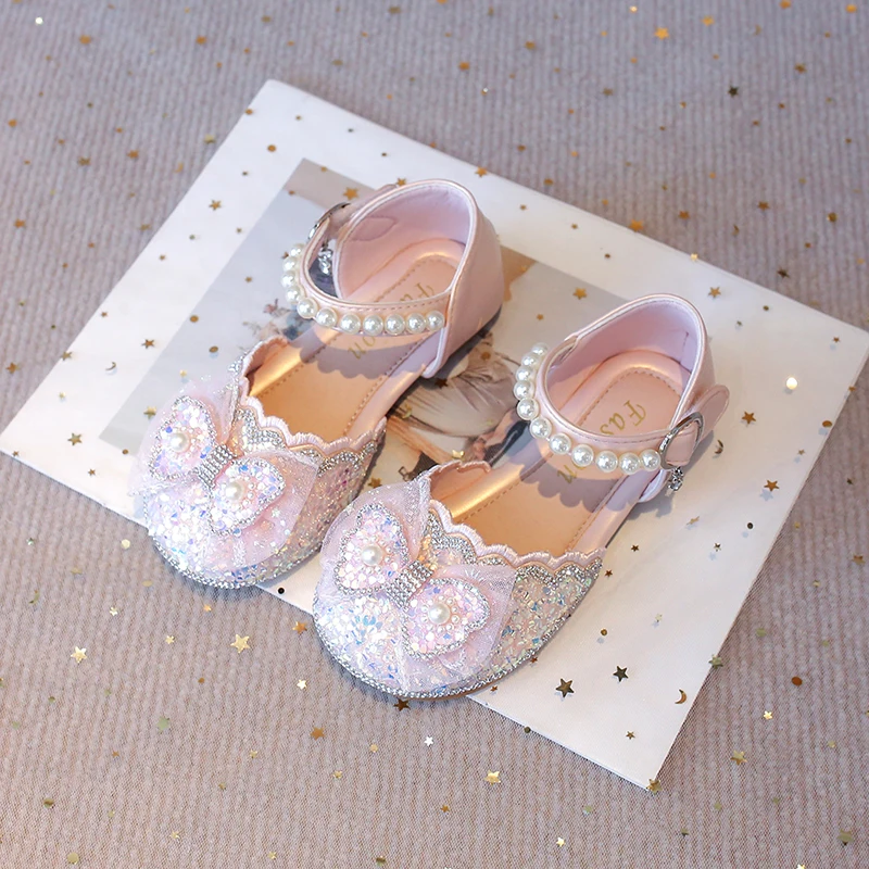 Summer Girl Sequin Lace Bow Princess Sandals Baby Pearl Dance Show Shoes Kids Soft Sole Flat Heel Sandals Children Wedding Shoes