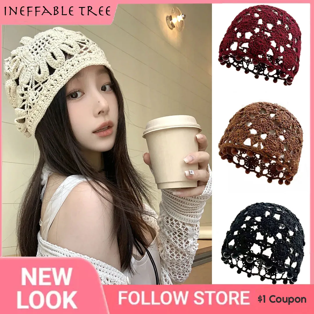 

Old Fashion Hollow Fringed Pearl Flower Knitted Pullover Bonnets Hat For Women Spring Autumn Ethnic Style Breathable Beanie Caps