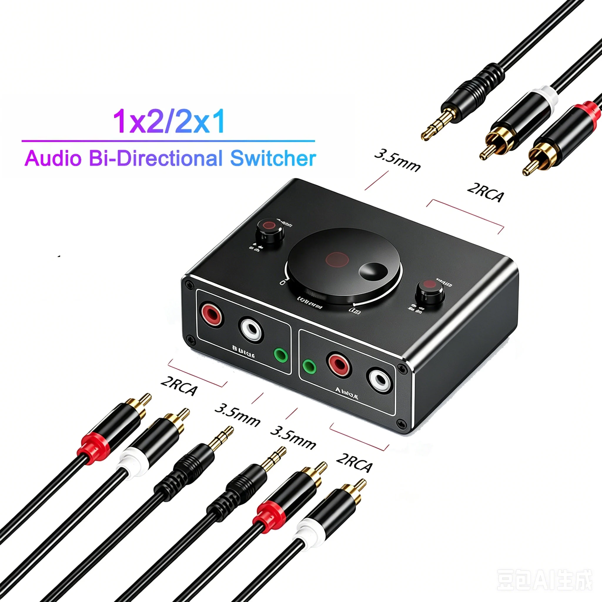 KEBIDUMEI Przełącznik audio stereo 3,5 mm RCA dwukierunkowy 1 wejście 2 wyjścia lub 2 wejścia 1 wyjście, przełącznik audio 3,5 mm 2RCA z przyciskiem wyciszenia — zdjęcie produktu 7