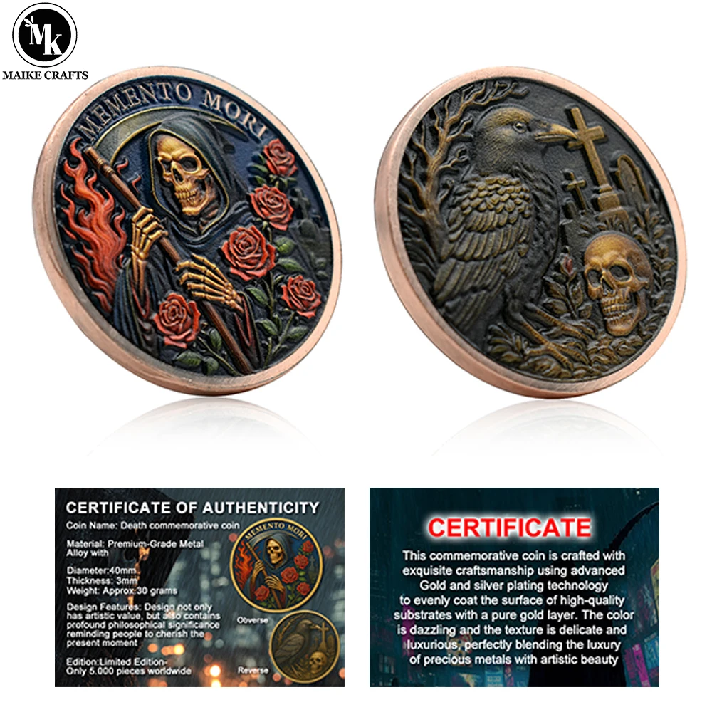 عملة تذكارية لإله الموت معدنية من سبائك الزنك MEMENTO MORI Crow Skull Challenge Coin مع مجموعة الشهادات هدية