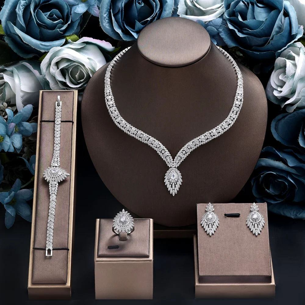 

2024 Popular 4-piece Set for Women's Jewelry Necklace Earrings Bracelet Ring Jewelry Set for Bride's Large Wedding Jewelry Set