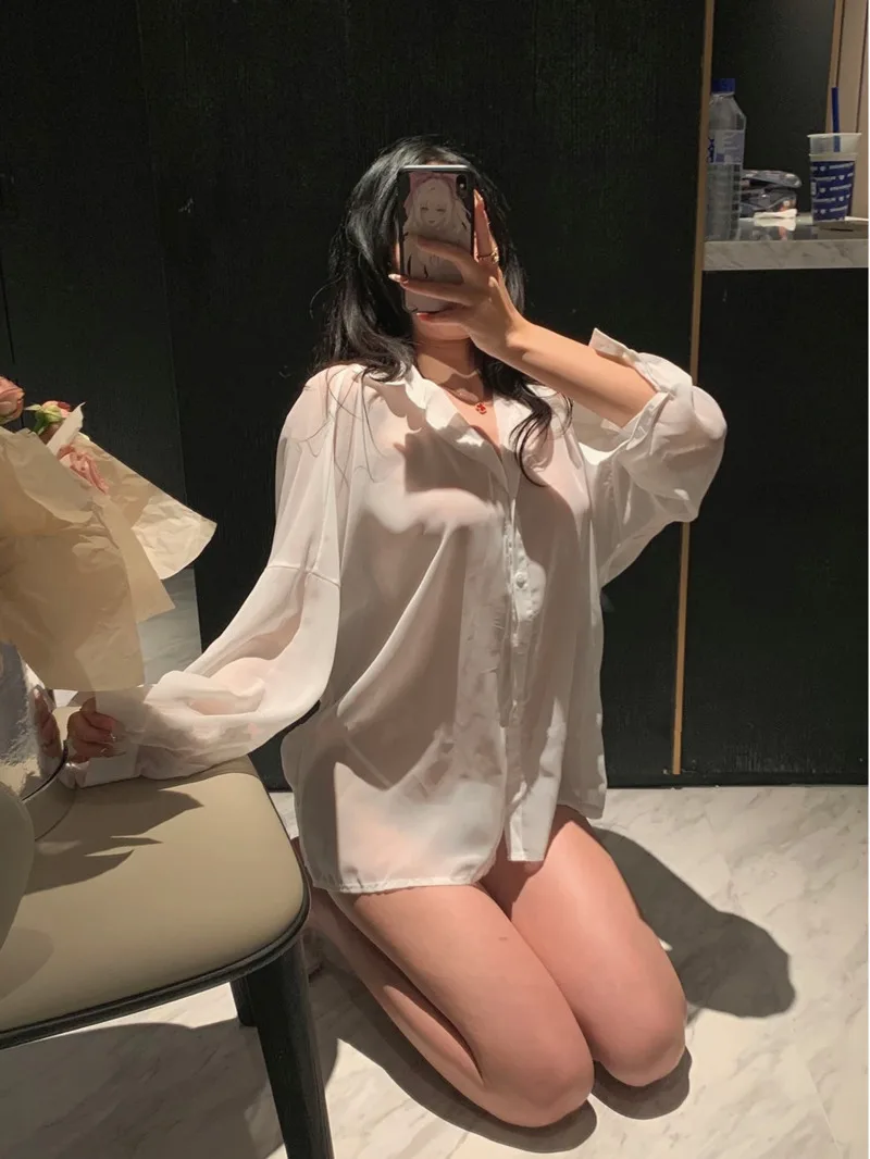 

women's Summer fashion clothing chiffon 2024 new solid color only one set long sleeved backless pleated transparent shirt 3A2L