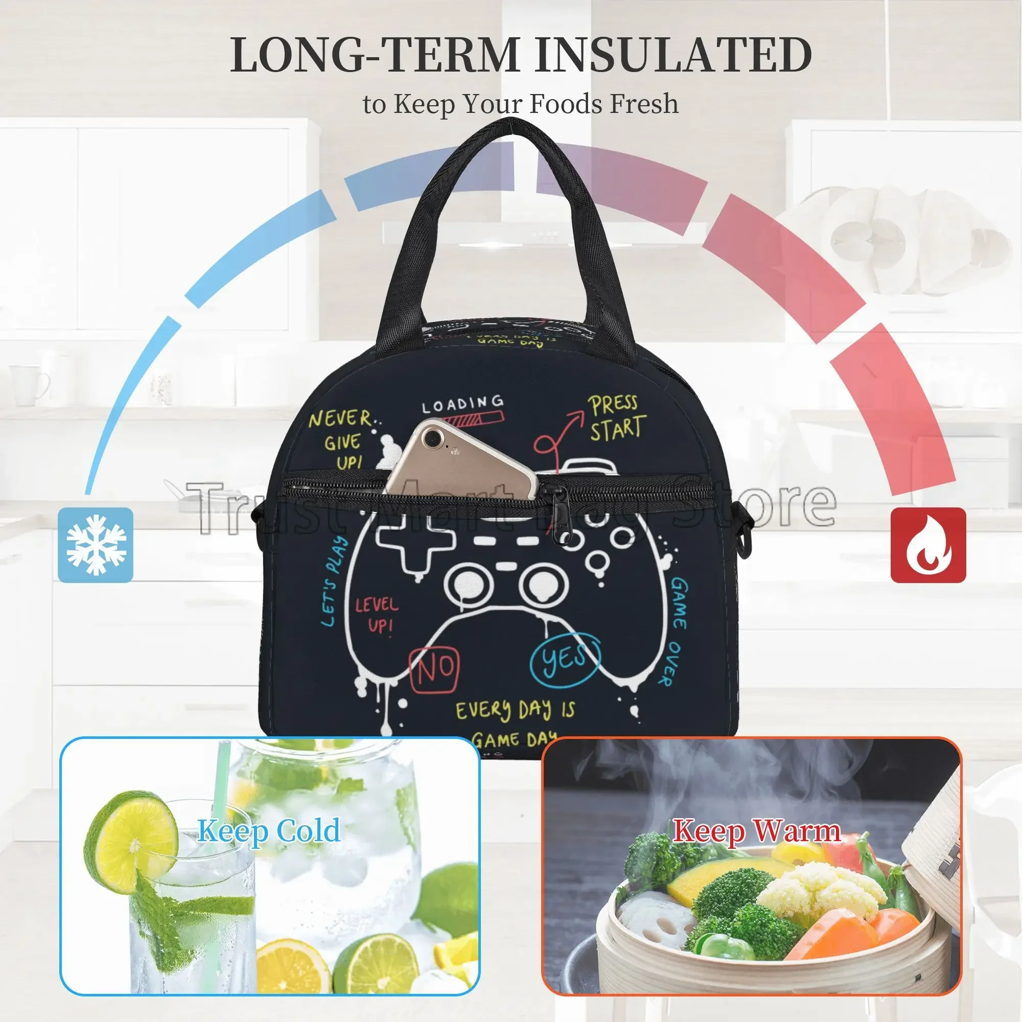 Video Game Controller Thermal Lunch Bag Reusable Portable Insulated Lunch Box Bento Tote for Boys Girls School Travel Picnic