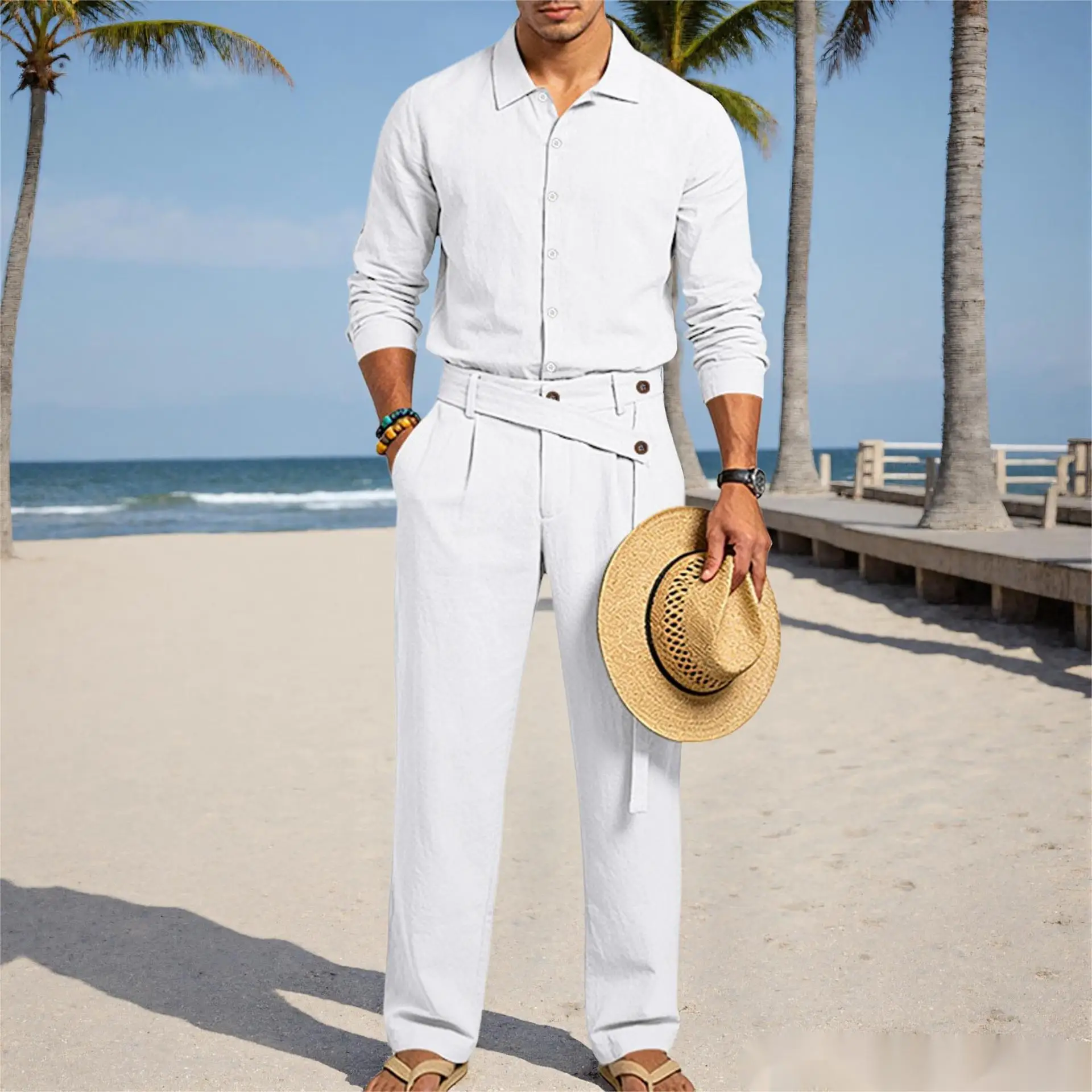 Europäisch-Amerikanisches Herren-Leinen-Freizeitset: Hemd mit Umlegekragen und Hose mit hohem Bund und Gürtel – Locker, atmungsaktiv, für Urlaub und Strand – Detail 2