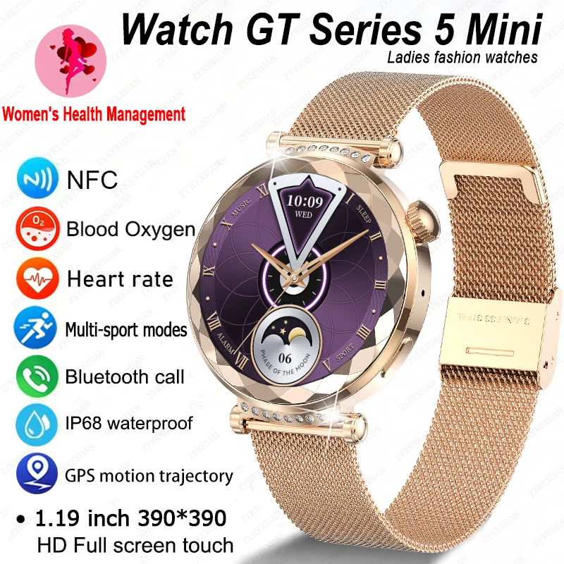 

Женские часы GT Series 5, мини-смарт-часы с HD-экраном, Bluetooth-вызов, пульс, NFC, IP68, водонепроницаемые умные часы для Android iOS