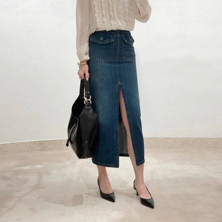 Sli Long Denim Skirt Vintage High Slit Slimming Leg Lengthening Cotton 00% Spring Faion Ladies' f Skirt