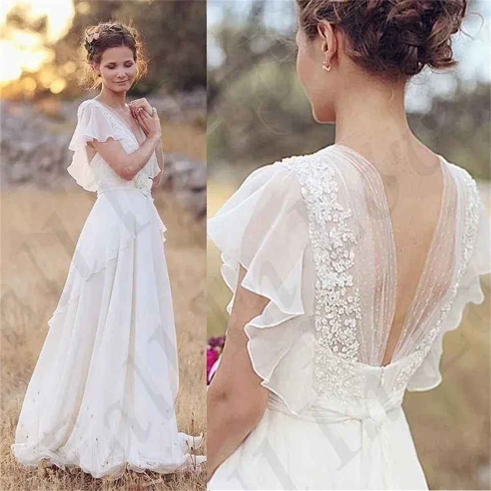 Vestidos de novia Frühling neue V-Ausschnitt Chiffon Brautkleid Spitze 3d Blumen A-Linie langes Kleid Boho Landhausstil Brautkleid