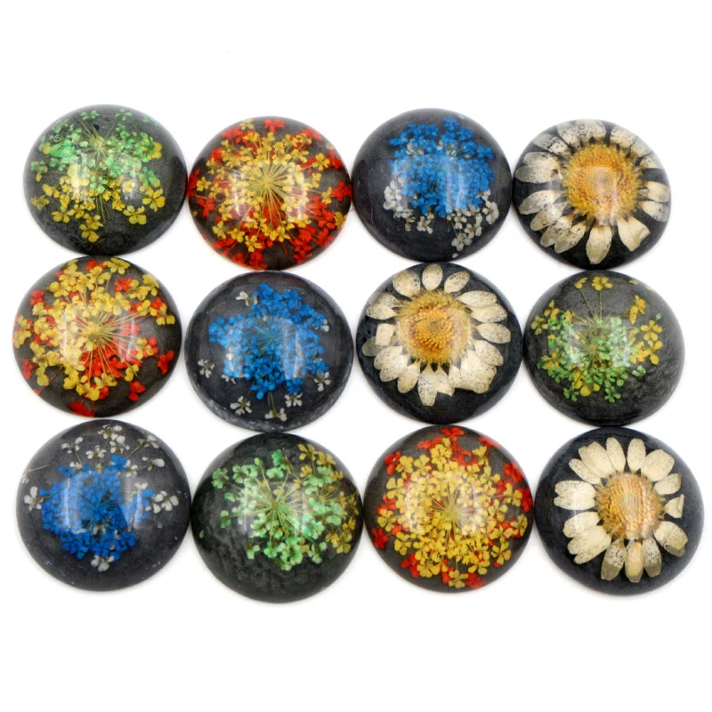 New Fashion 5pcs 25mm Mixed Natural Dried Flowers Flat Back Resin Cabochons Cameo