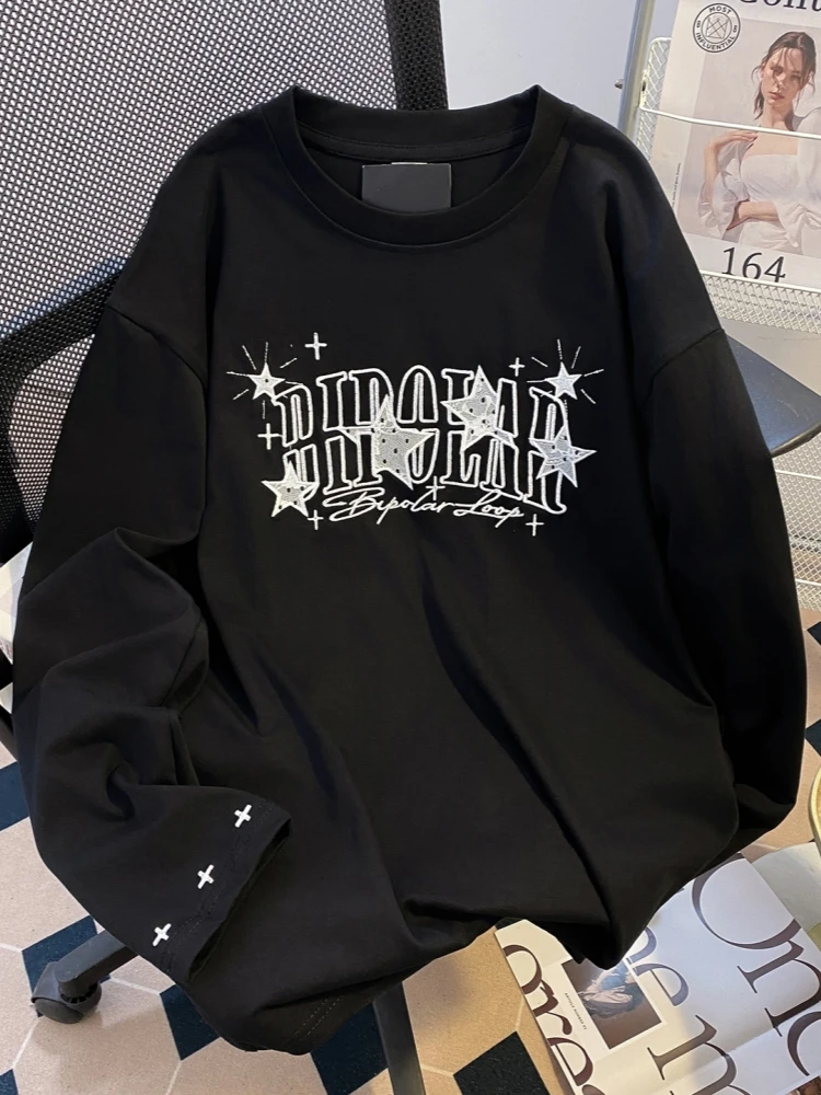 

Модная хлопковая футболка с длинным рукавом и вышивкой, весна-осень-зима, с надписями, базовый слой, плотный топ из чистого хлопка