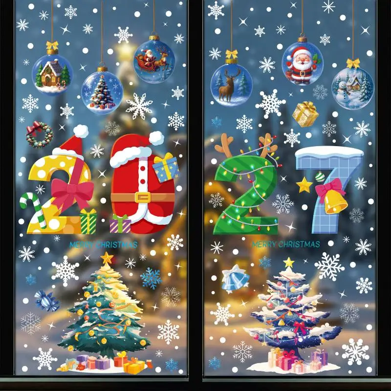 4/5 Sheets Snowman Reindeer Santa Claus Christmas Tree Static Cling Decals 2027 Merry Christmas Decor Window Stickers For Home