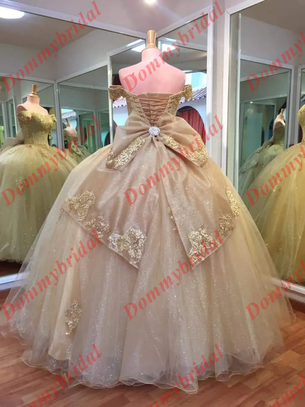 2023 Cheap Long Champagne Tulle Floor Length Lace Applique Ruched Quinceanera Formal Dress for Women Teen Off Shoulder Bows