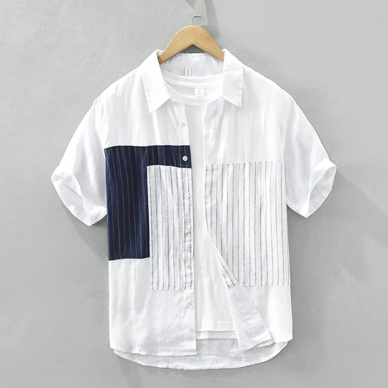 

Trendy Loose Casual Pure Linen ort Sve irt Breathable Thin Summer irt Stripe Patchwork Design Men's Loose Fit irt