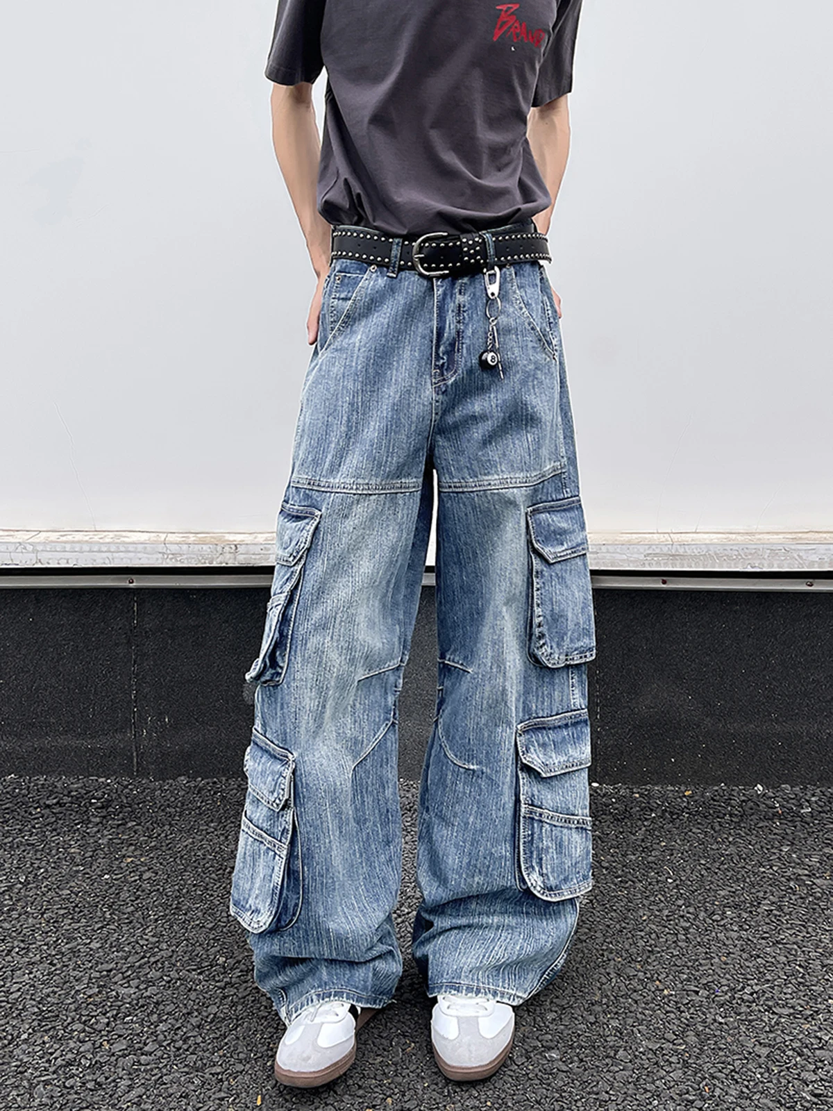 

Retro American Washed Heavyweight Multi-Pocket Bamboo Work Pants Loose Wide Leg Jeans for Men And Women Straight Cut Casual T...