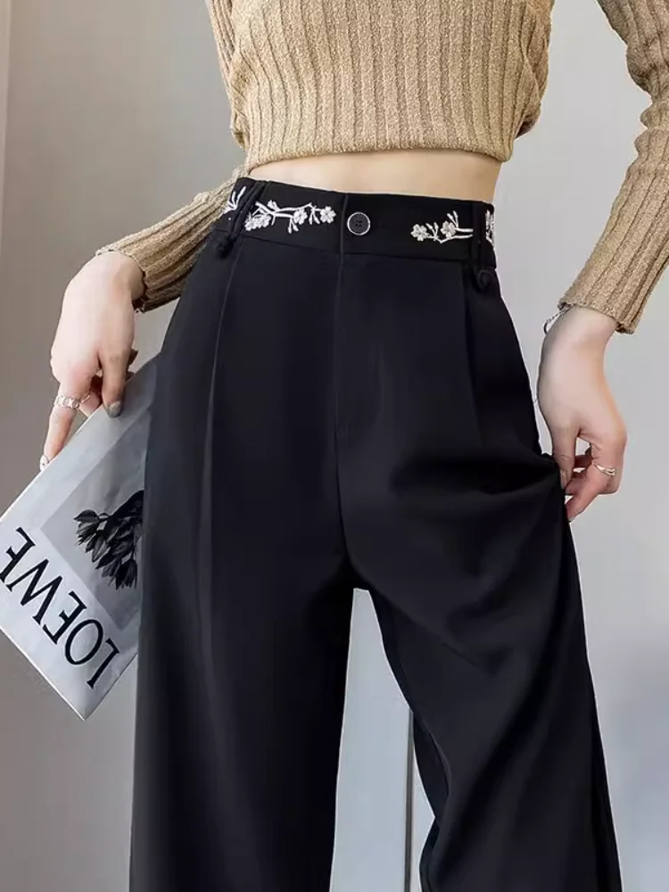 

Black embroidered straight leg wide leg pants spring casual pants women's floor dragging suit pants 2024