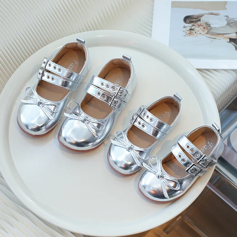

Girl's Ballet Flats Sliver Punk Style Round Toe Spring Children Mary Janes Shallow Pu Leather All-match Kids Princess Shoe 24-35