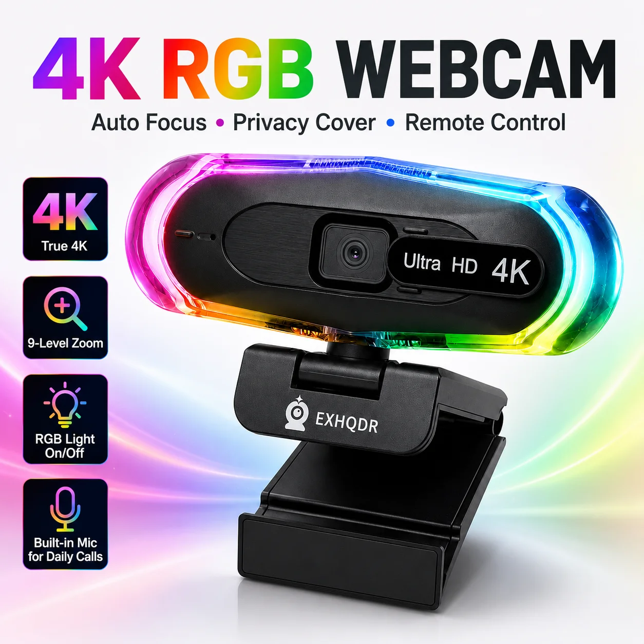 EXHQDR 4K & 1080P 60FPS Webcam with Autofocus, Dual Mics, RGB Lighting, Privacy Cover, Plug & Play for Streaming/Conferencing