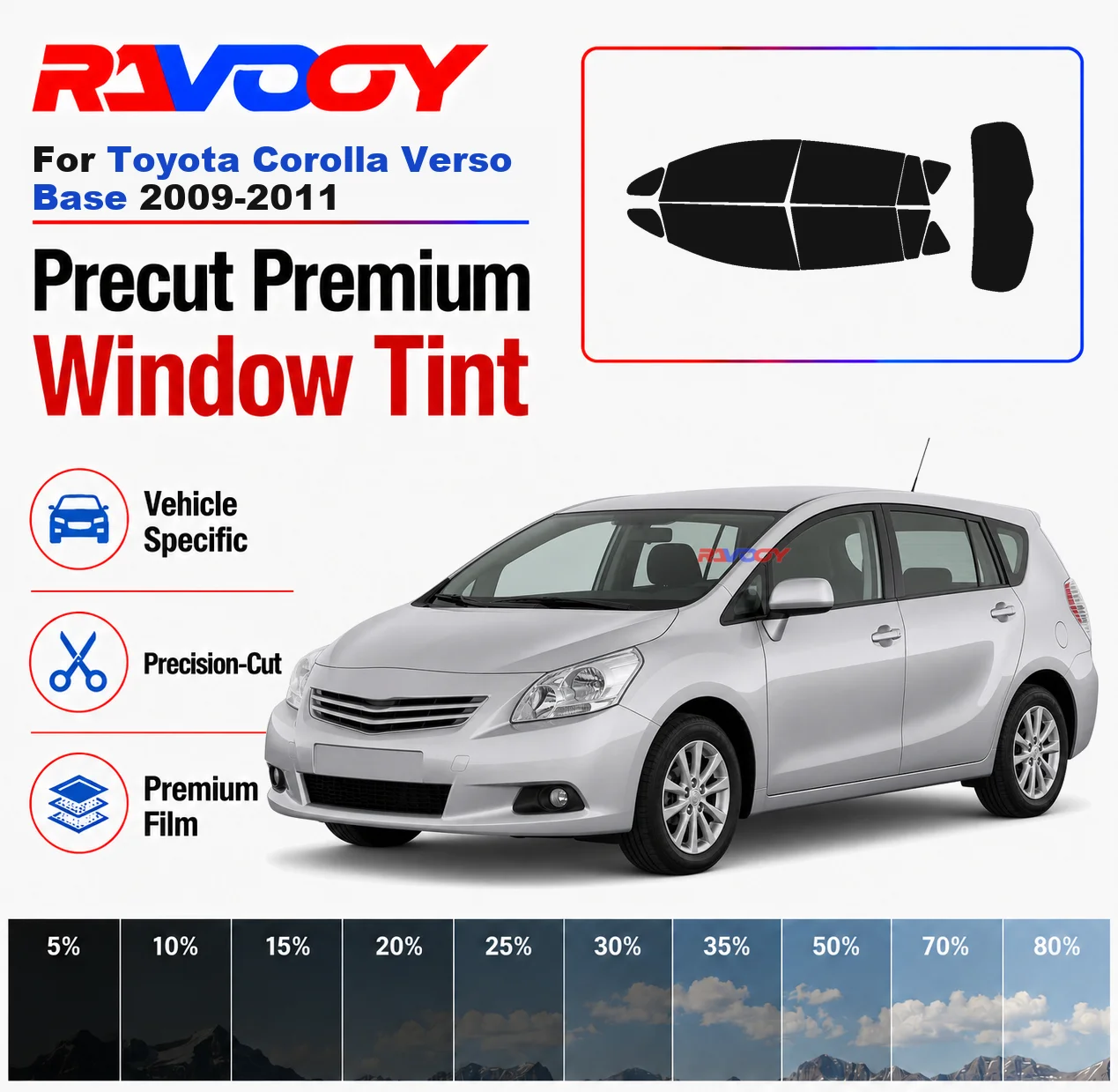 Premium Precut Window Tint Kit Front Rear Windows Rear Windshield For Toyota Corolla Verso Base 2009-2011 Nano Ceramic Film