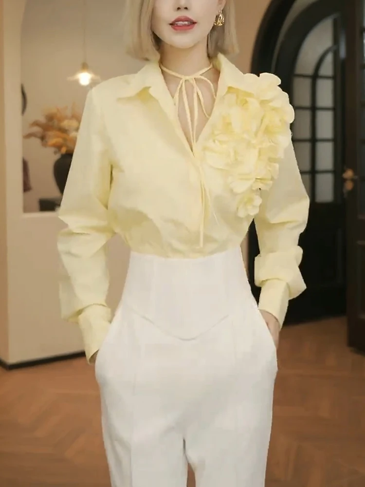 

Fashionable Oversized Women's Shirt Spring 2025 3D Flower Embellished Korean Style Commute Wind Long Sleeve Regular Length