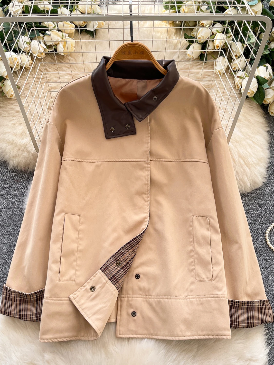 

Женское пальто из искусственной кожи в стиле ретро Briti Sle Long Sve, повседневное свободное пальто цвета хаки, модная осенняя модная верхняя одежда