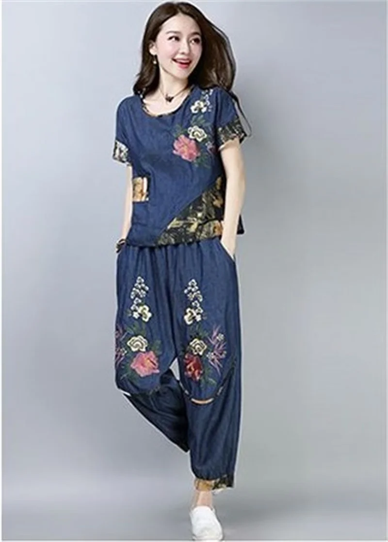 Mid Aged Elderly Ethnic Style Large Size Women\'s Set Summer New Thin Retro Loose Embroidered Short Sleeved Casual Two-Piece Set