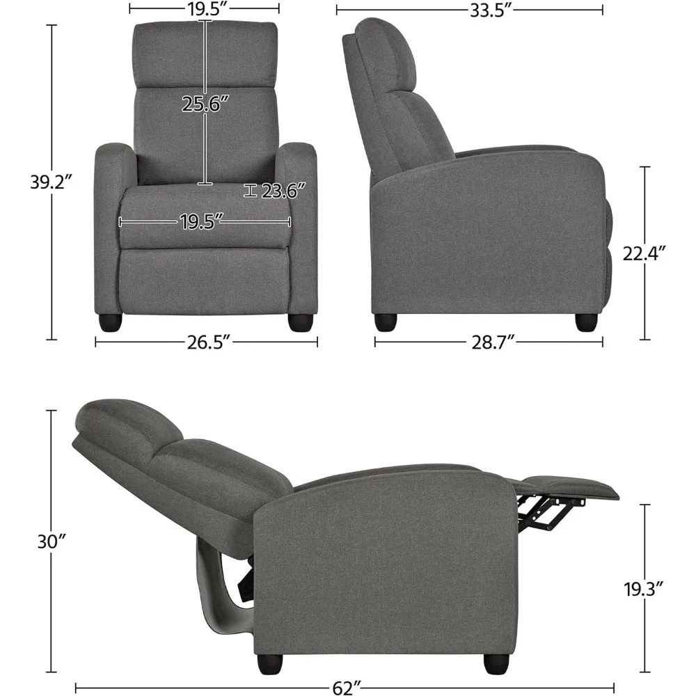 Fabric Recliner Chair Sofa Ergonomic Adjustable Single Sofa with Thicker Seat Cushion Modern Home Theater Seating