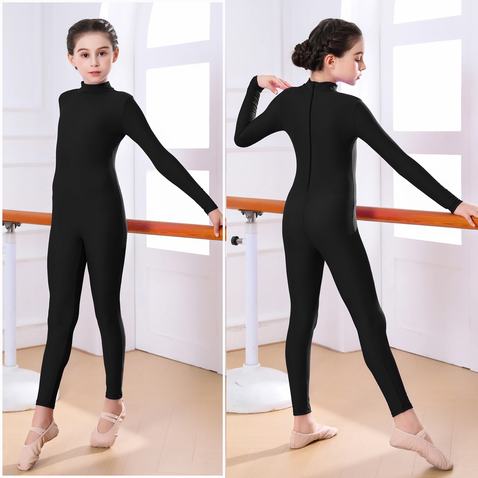 AOYLISEY Kids Ballet Skate Dance Unitard Girls Gymnastics Full Body Leotard Black Long Sleeve Bodysuit Children Jumpsuit Wear