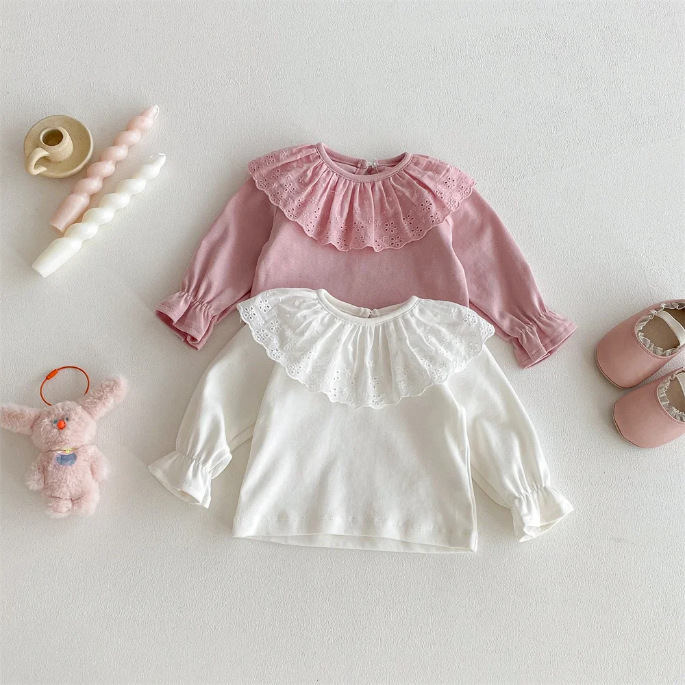 

Милый кружевной воротник, рубашка маленькой принцессы для девочек, весенне-осенние вязаные пуловеры с длинными рукавами для младенцев, детская футболка, От 0 до 24 месяцев